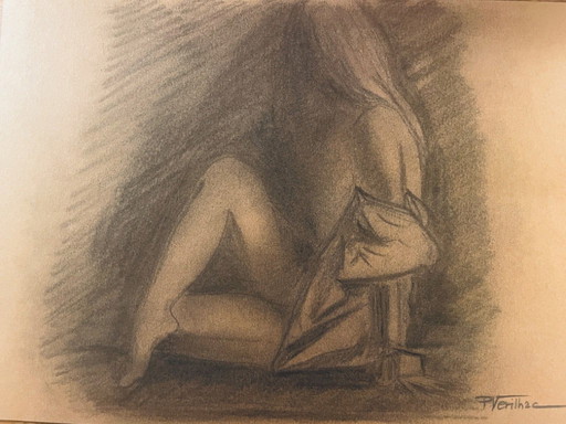 Disegno a carboncino, firmato, ritratto femminile in stile "chiaroscuro"