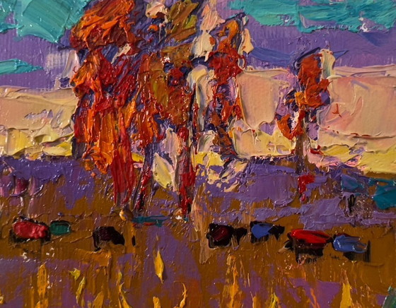 Image 1 of Original Oil Painting Autumn Nature Landscape Night on the Field