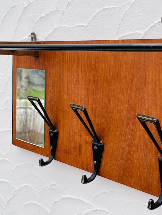 Image 1 of Vintage 1960s wooden wall-mounted coat rack with mirror