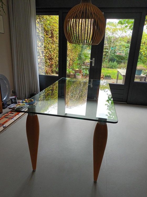 Glass dining table with wooden legs, Transparent, Modern (photo 2 of 5)