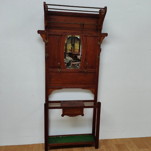 Porte-manteau ancien, porte-manteau sur pied avec miroir, mobilier d'entrée