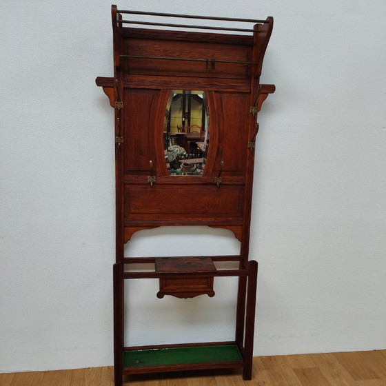 Image 1 of Porte-manteau ancien, porte-manteau sur pied avec miroir, mobilier d'entrée