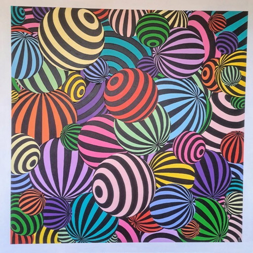 Op-Art schilderij ‘Boules’ van Franklin van Dam – Kleurrijk modern kunstwerk – Acryl op MDF – 95 x 95 cm