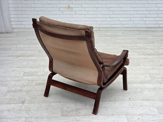 Image 1 of 1970s, Scandinavian lounge chair, nubuck leather, canvas, beech wood.