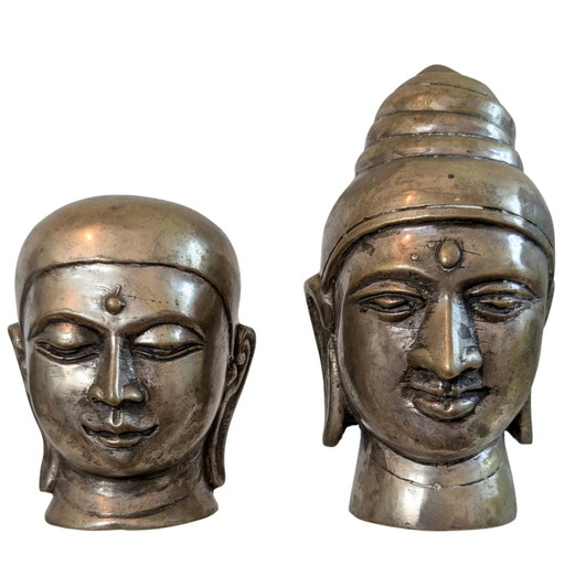 Set aus 2 Bronze-Köpfen – Buddha & Mönch – Handgegossene asiatische Bronze