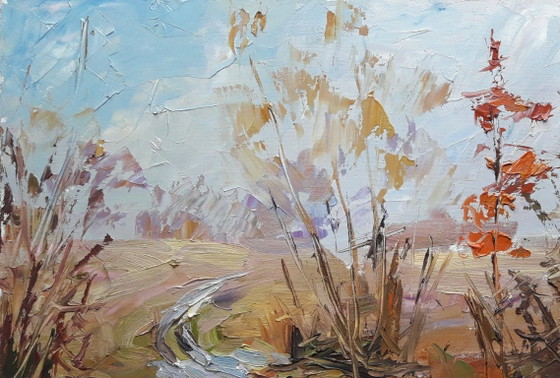 Peinture à l'huile originale Paysage naturel Champ Dernière neige – Peintures et dessins, Canvas (photo 5 of 8)