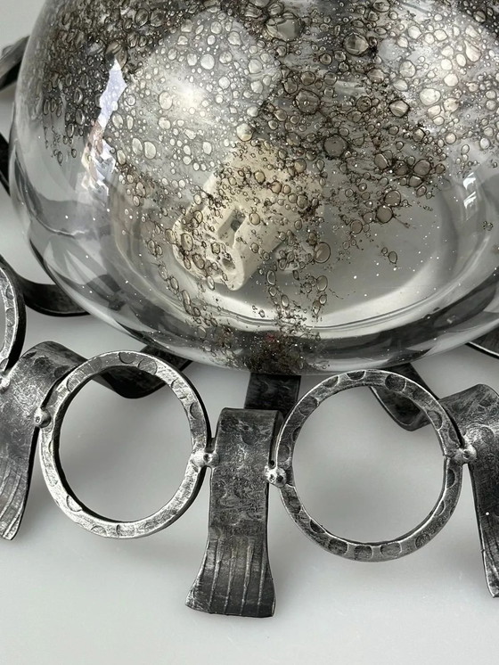 Image 1 of 60s 70s Brutalistische wandlamp of plafondlamp van ijzer & glas design