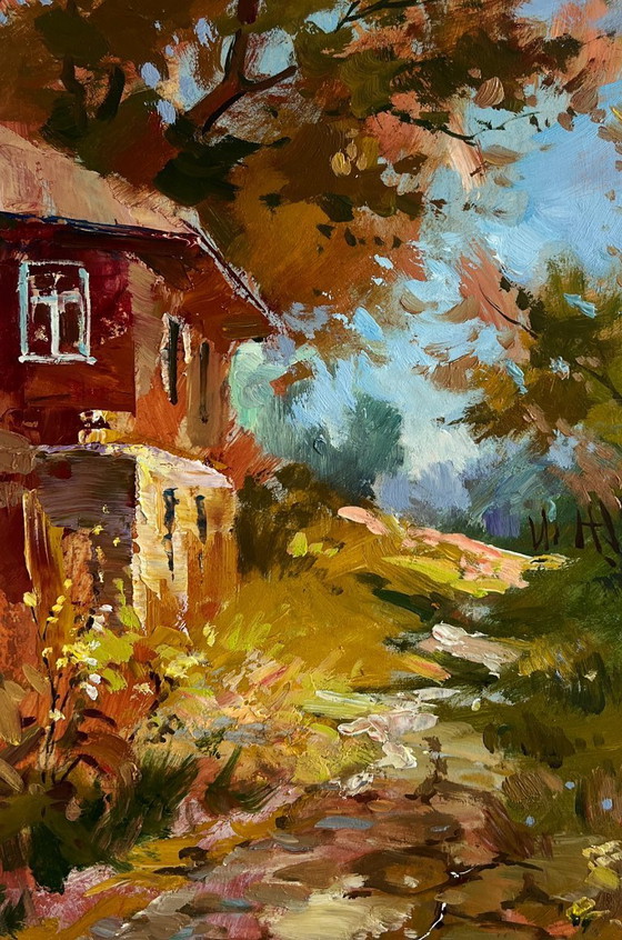 Image 1 of Original Oil Painting Autumn House Landscape Autumn golden path