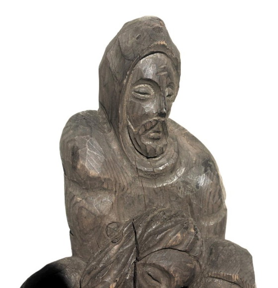Sculpture religieuse antique en bois - 1900 - 1950, Marron, Rustic (photo 8 sur 10)