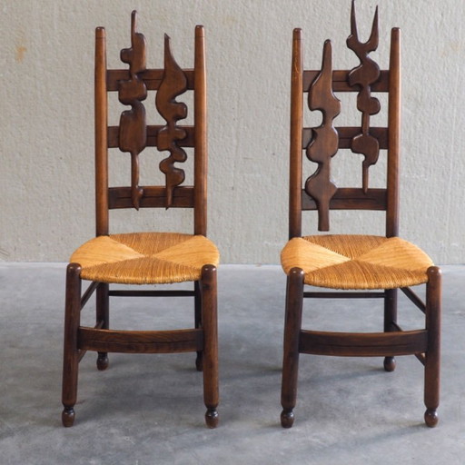 2 sedie scultoree brutaliste con schienale alto – kuipstoelen, Wicker, Wood (photo 2 of 13)