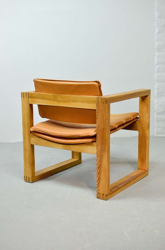 Image 1 of Brutalist Ate van Apeldoorn Dutch Design Cognac Leather Cubic Pinewood Side Chair for Houtwerk Hattem. The Netherlands, 1970s.