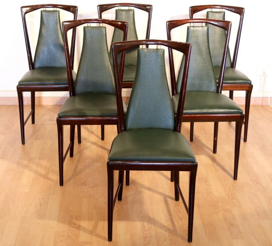 Image 1 of Set of 6 mid-century chairs by Osvaldo Borsani, Atelier Borsani Varedo, mahogany, rosewood, leather, and brass, Italy, 1950s