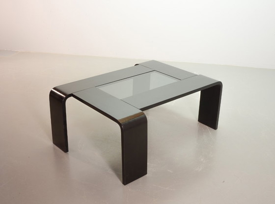 Image 1 of Mid-Century Design Rectangle Ake Fribyter Style Black Lacquered Plywood Coffee Table with Smoked Glass Panel, 1970s