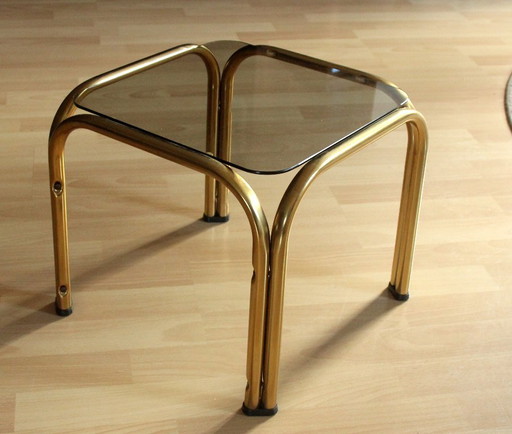 Small side table/plant stand, smoked glass, brass, vintage