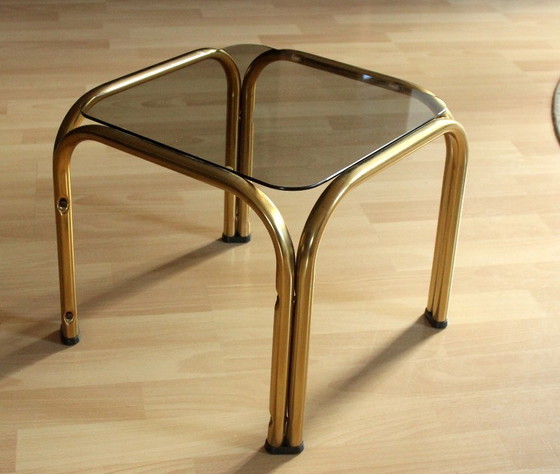 Image 1 of Small side table/plant stand, smoked glass, brass, vintage