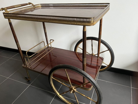 Image 1 of Elegante Midcentury vintage bar cart / serveerwagen – messing & massief mahonie ‘40/‘50