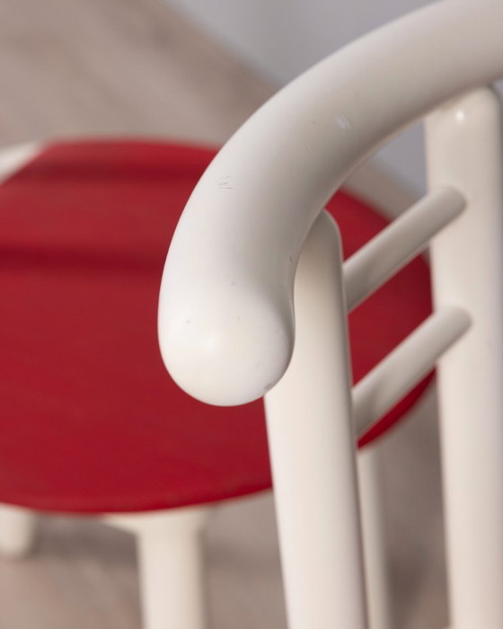 Image 1 of Set di 4 sedie vintage anni '80 in legno e vinile rosso, design italiano.