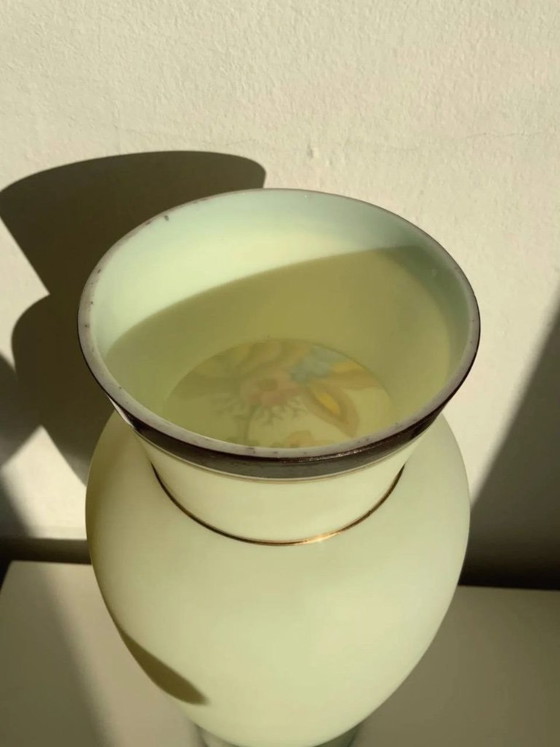 Image 1 of Antique Bohemian Art Nouveau Uranium Satin Glass Vase - Harrach - c. 1900