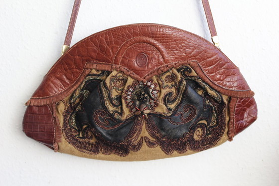 Image 1 of Sehr seltene Gianfranco Lotti Umhängetasche aus den 70er Jahren, Komposition aus Leder, Leinen, Perlen und Applikationen