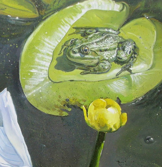 Peinture à l'huile originale, symbolisme de l'art moderne, nénuphar, grenouille, une rencontre (photo 7 of 7)