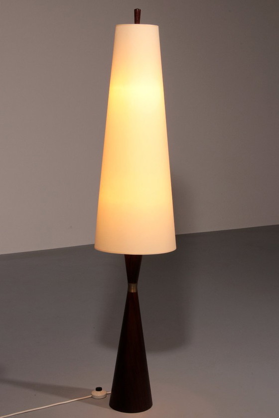 Image 1 of Lampada da terra vintage in teak con paralume in tessuto di Parker Knoll, 1960