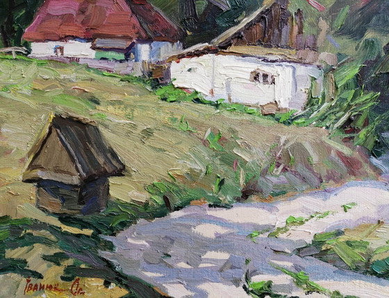 Peinture à l'huile originale Paysage rural Vie de village d'été Campagne Au-delà du puits (photo 7 of 11)