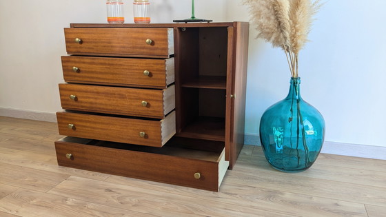 Image 1 of Vintage Scandinavian Wood and Brass Chest of Drawers