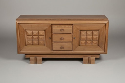 Brutalist sideboard in solid oak, Dudouyt, France, 1940s