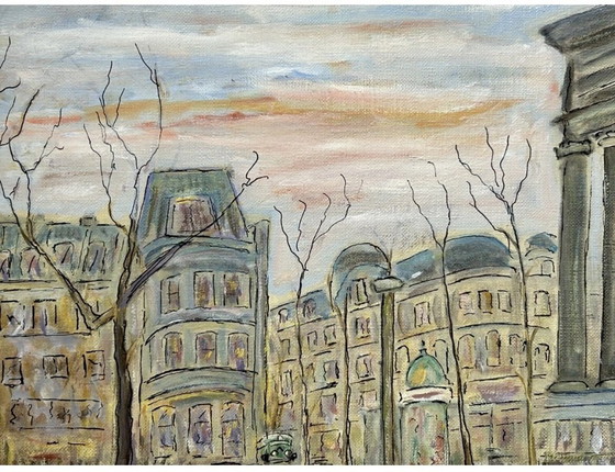 Image 1 of Vintage olieverfschilderij van Caroline Bennett uit het midden van de 20e eeuw met een stadsgezicht van Parijs.