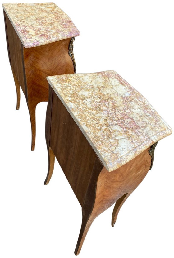 Image 1 of Pair of marquetry bedside tables - veined marble tops - Louis XV style