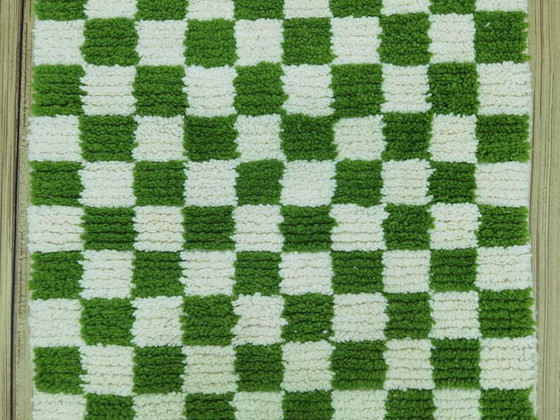 Image 1 of Handwoven Moroccan wool rug, 300/70cm, olive green checkerboard pattern