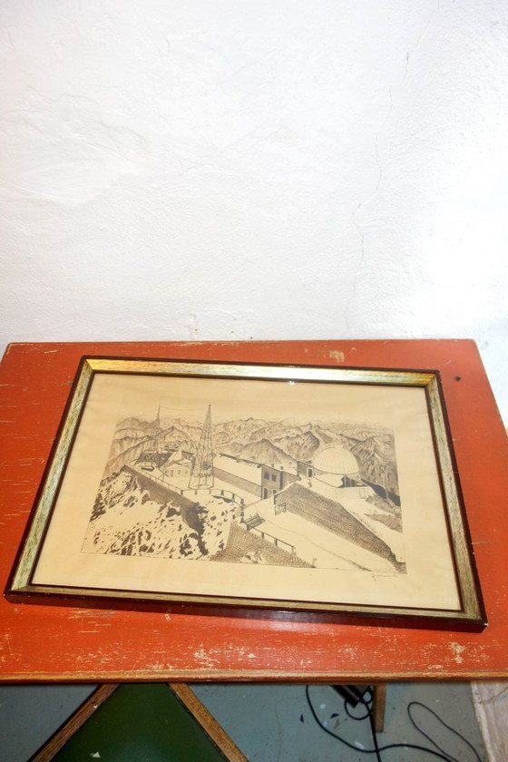 Image 1 of large 1943 signed drawing of pyrenees observatory * framed architectural mountain art * vintage wall decor