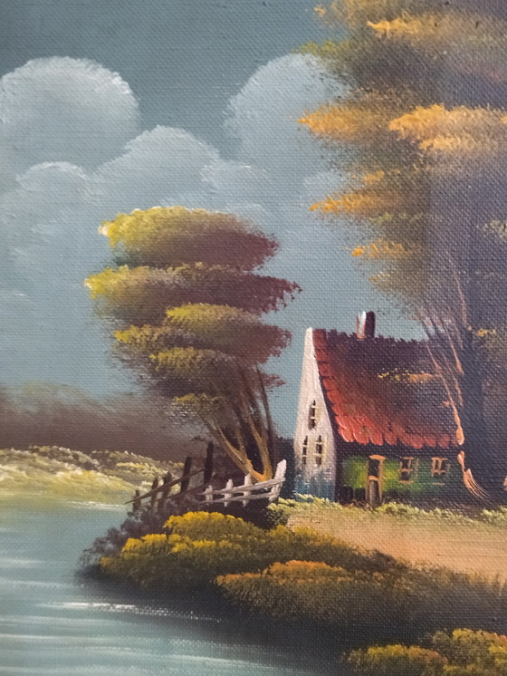 Image 1 of Vintage schilderij – Landelijk landschap – Cottagecore-stijl