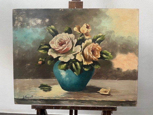 Cuadro antiguo, óleo sobre tabla, ramo, firmado J. Troquet