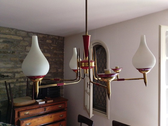 Image 1 of Vintage hanglamp van rood metaal en glas uit de jaren 50