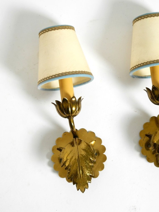 Image 1 of Two beautiful original Mid Century Modern floral wall lamps made of brass with high-quality lampshades