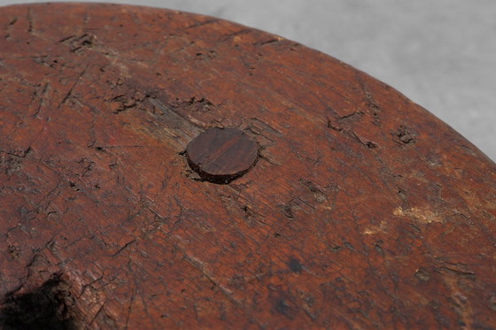 Image 1 of Rustic Wabi Sabi style solid oak tripod stool, France ca. 1850