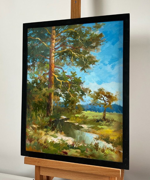 Original Oil Painting Day Forest Landscape Whisper of forest and water