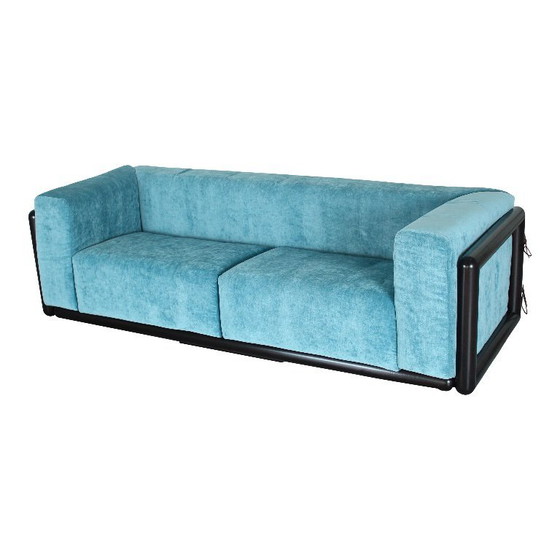 Image 1 of Cornaro two-seater sofa in iroko wood and blue velvet by Carlo Scarpa for Studio Simon, Italy, 1974