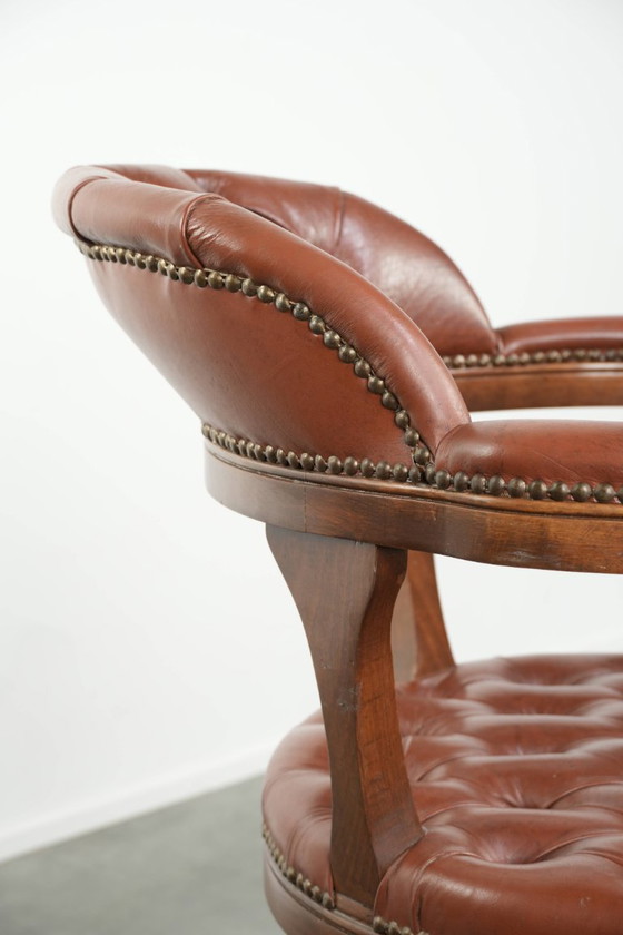 Image 1 of 2 x Swivel English Style Cowhide Leather Chesterfield Office Chairs in a Beautiful Brown Color