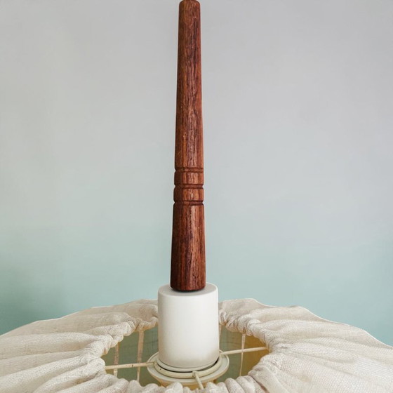 Image 1 of Japandi style wrapped fabric and teak wood hanging lamp shade, Sweden 1950s-60s