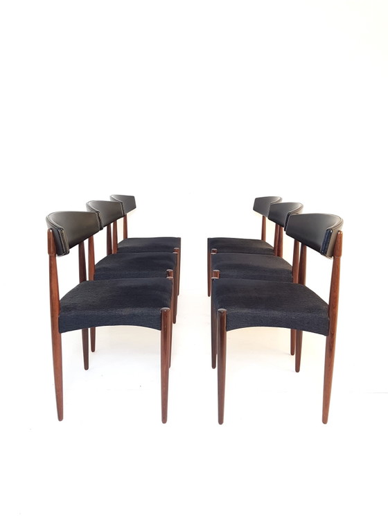 6 Chaises Vintage Danoises Palissandre Skai Noir Et Tissu – Chaises de salle à manger, Wood (photo 3 of 15)