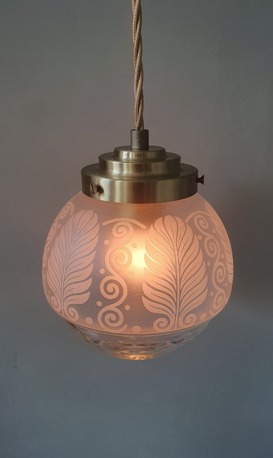 Vintage Bollamp / Hanglamp - Geslepen Glas (Ge-etst) Met Frosted Decoratie – Hanglampen, Metal (photo 15 of 15)
