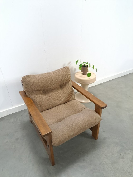 Image 1 of Bruin grijze fauteuil met eikenhouten frame