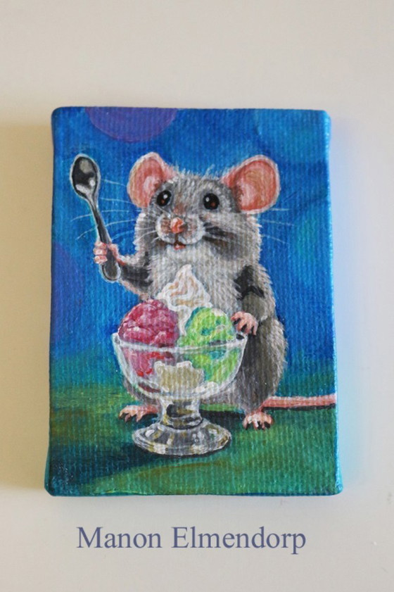 Image 1 of Hand-painted Small Painting Mouse with Ice Cream 7x5 cm