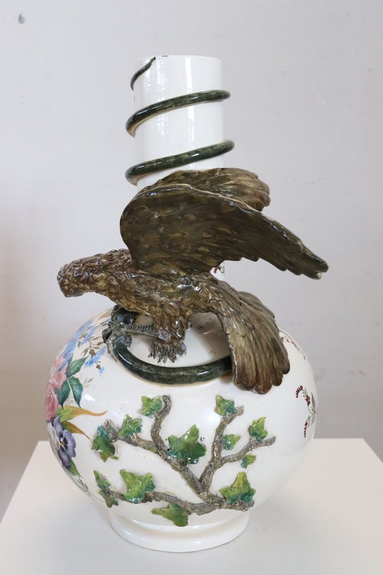 Image 1 of Majestic Ceramic Vase with Eagle and Crocodile, Italy Early 20th Century