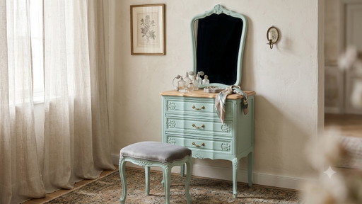 Romantica toeletta vintage con specchio | Pezzo unico in legno massello di quercia riciclato in stile Luigi XV