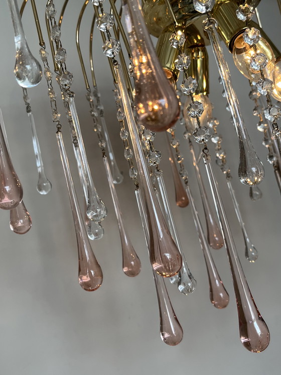 Image 1 of Lampada a sospensione vintage XXL in cristallo rosa a goccia, italiana