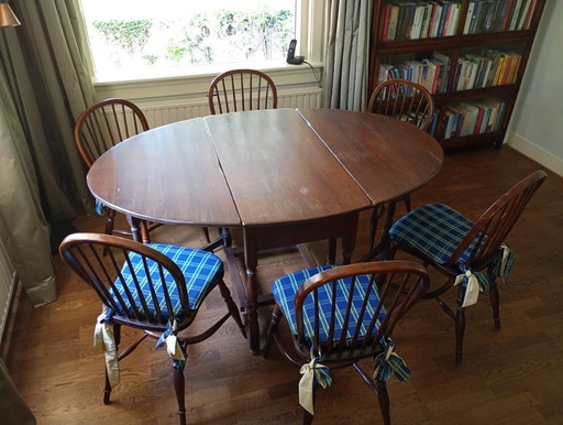 Nostalgic English gateleg table with 6 matching chairs – eettafels, Textile, Wood (photo 2 of 7)