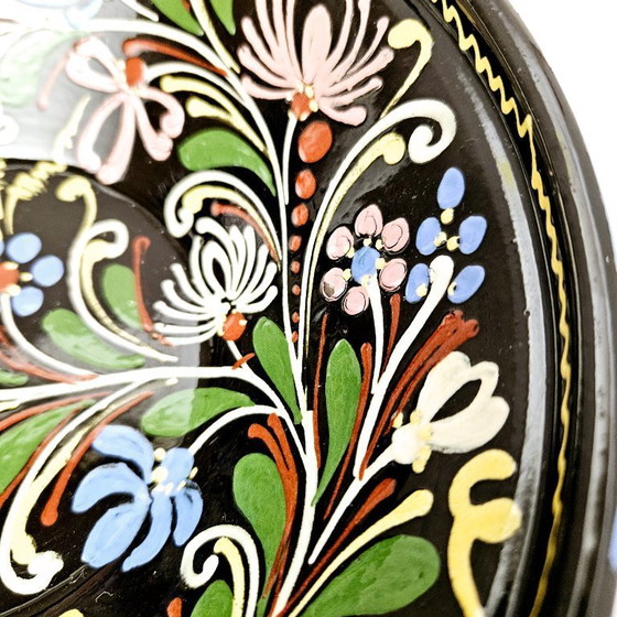 Image 1 of Vintage Hungarian Folk Art Pottery | Handmade Hand-painted Decor Hanging Wall Deep Plate | Traditional Floral Ceramic